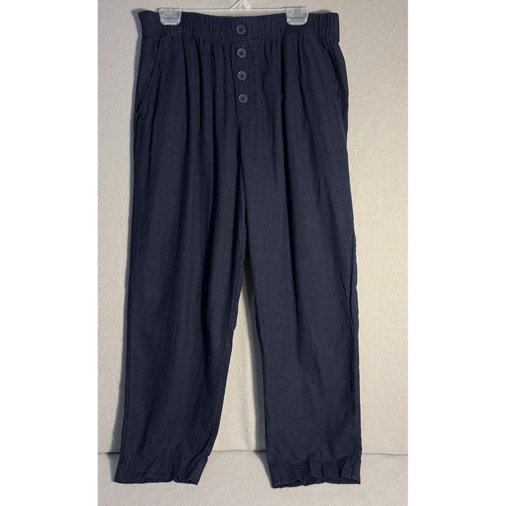 Women's High Rise Straight Linen Blend Slacks Navy Size Large Coastal Beachy